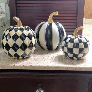Set of (3) Mackenzie-Childs courtly check stripe and harlequin pumpkins